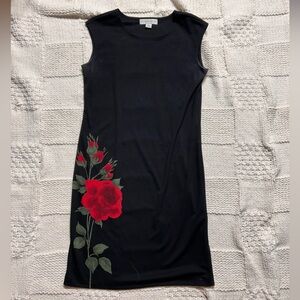 Vintage Petite Sophisticate Black Mini Sleeveless Dress Roses